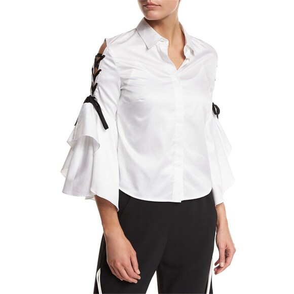 JONATHAN SIMKHAI White Lace Up Bell Sleeve Tier Polin Shirt S Business Office - Picture 1 of 11